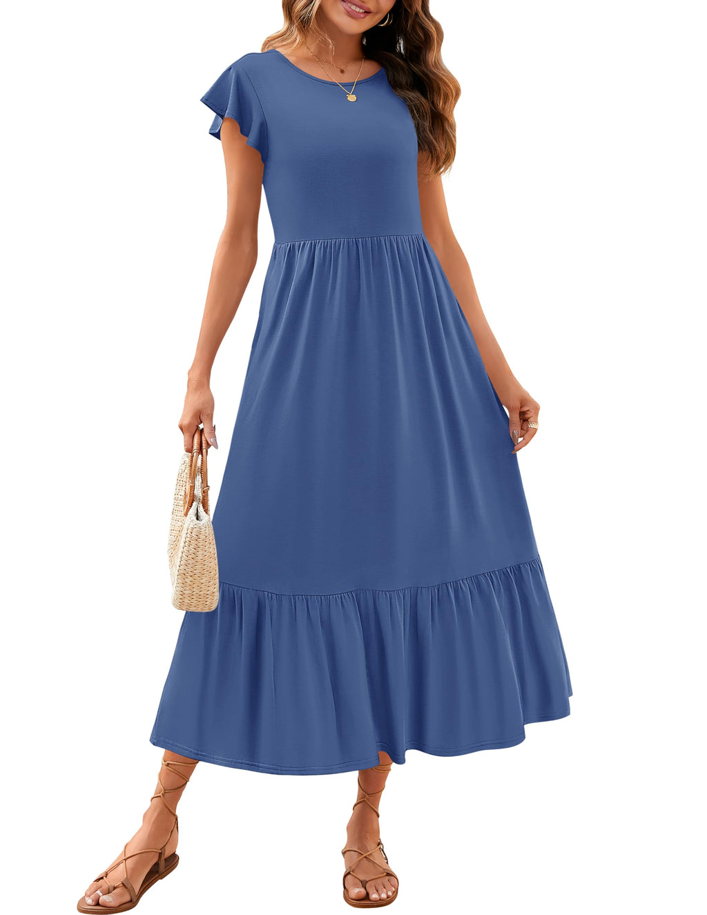 Luxuii Flutter Short Sleeve Crewneck Loose Tiered Maxi Dress