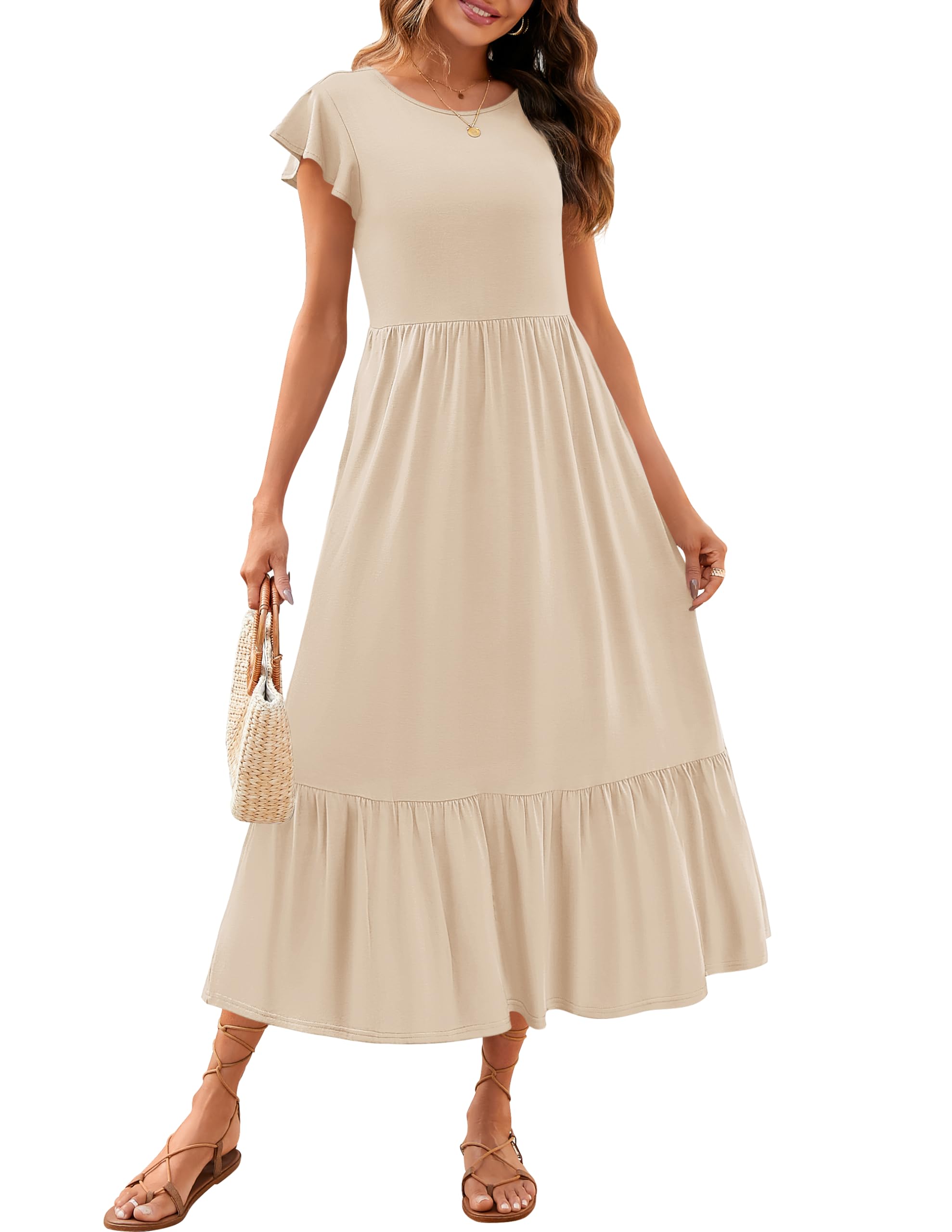 Luxuii Flutter Short Sleeve Crewneck Loose Tiered Maxi Dress