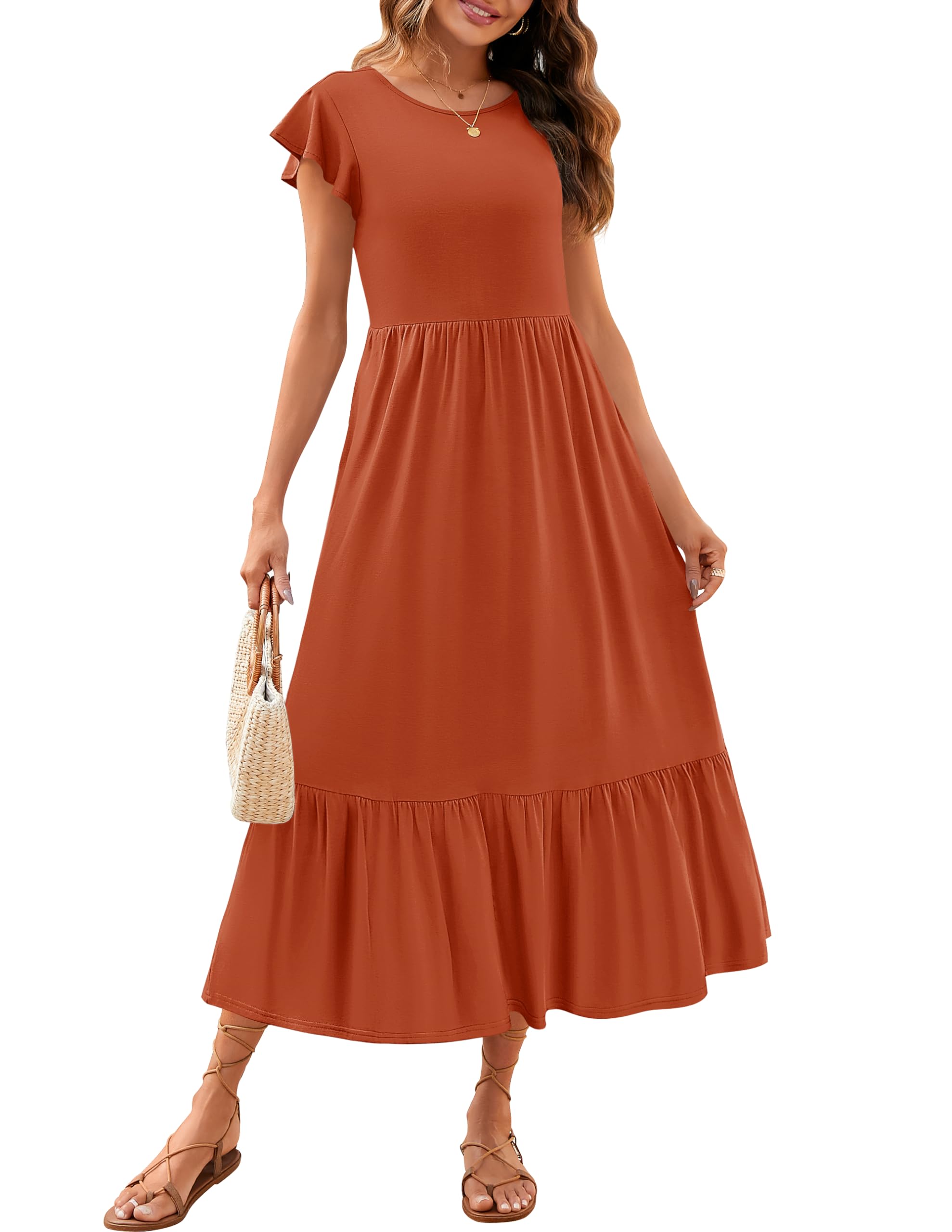 Luxuii Flutter Short Sleeve Crewneck Loose Tiered Maxi Dress