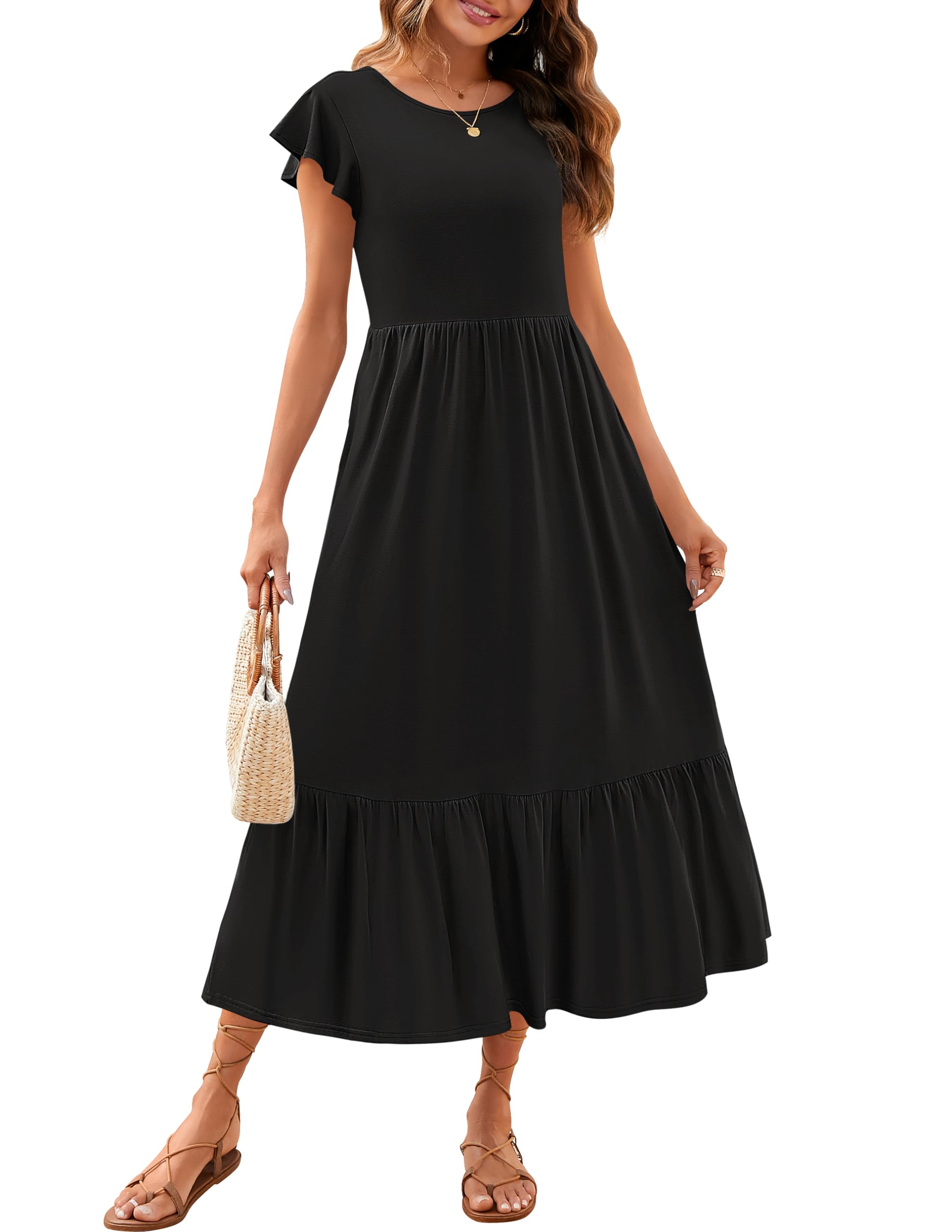 Luxuii Flutter Short Sleeve Crewneck Loose Tiered Maxi Dress