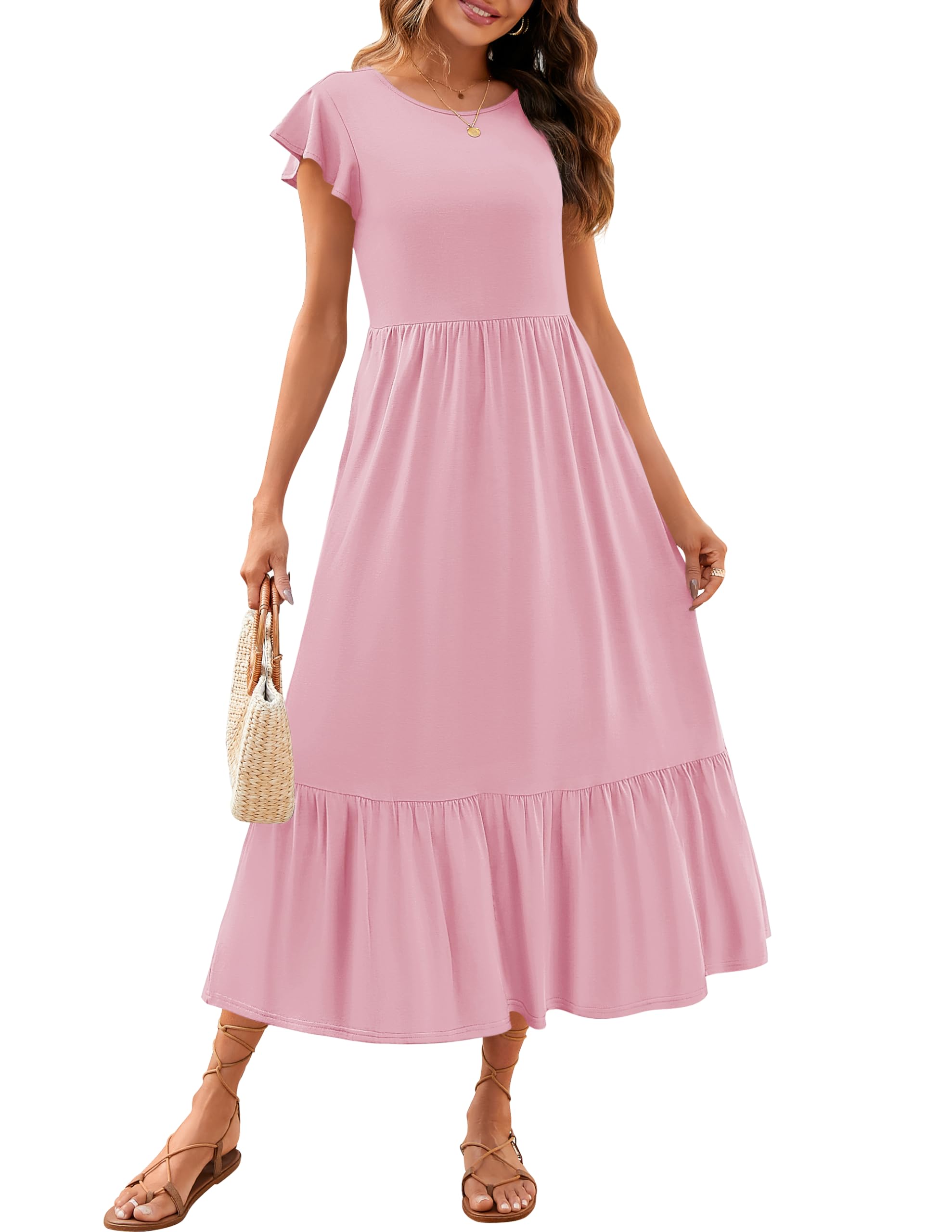 Luxuii Flutter Short Sleeve Crewneck Loose Tiered Maxi Dress
