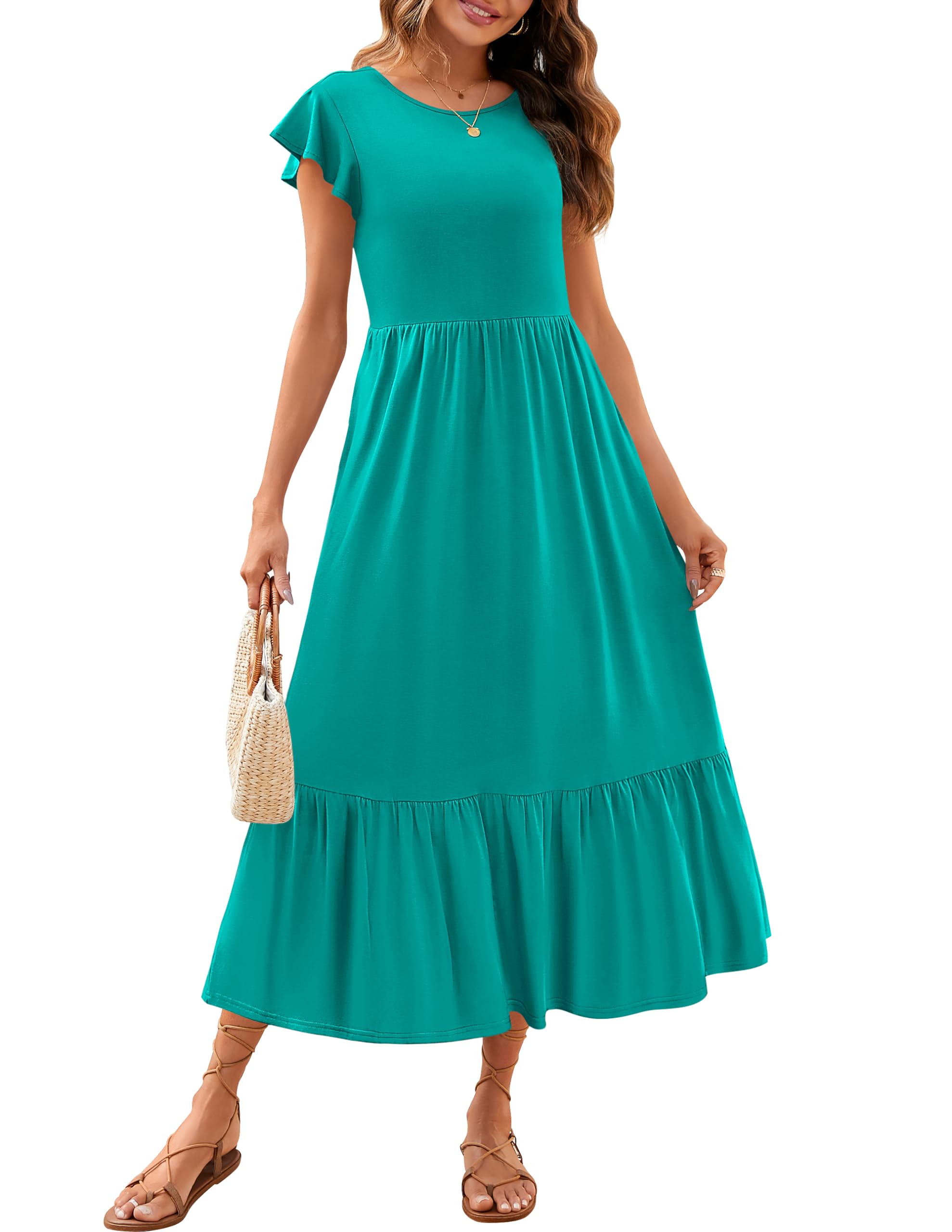 Luxuii Flutter Short Sleeve Crewneck Loose Tiered Maxi Dress