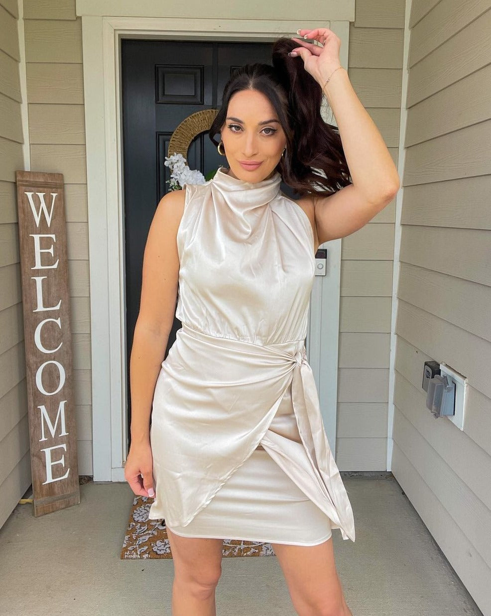 Luxuii Halter Neck Satin Bodycon Wrap Mini Dress