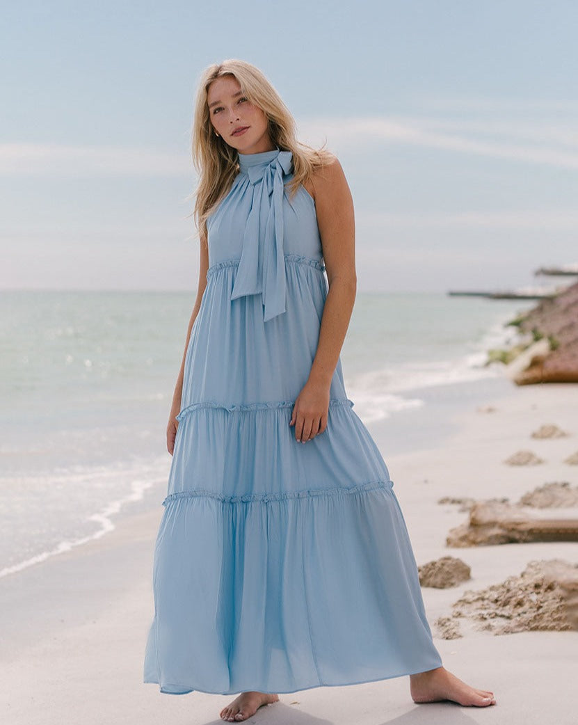 Luxuii Halter Sleeveless Pleated Flowy Maxi Dress