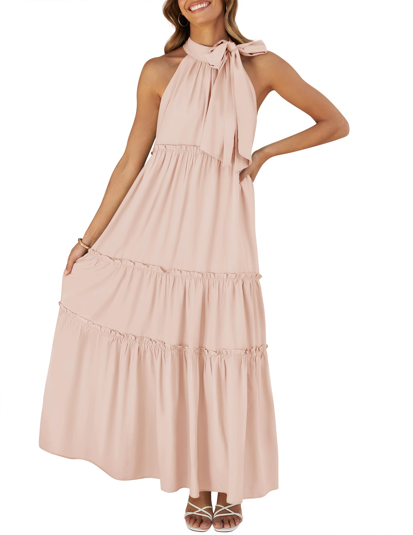 Luxuii Halter Sleeveless Pleated Flowy Maxi Dress