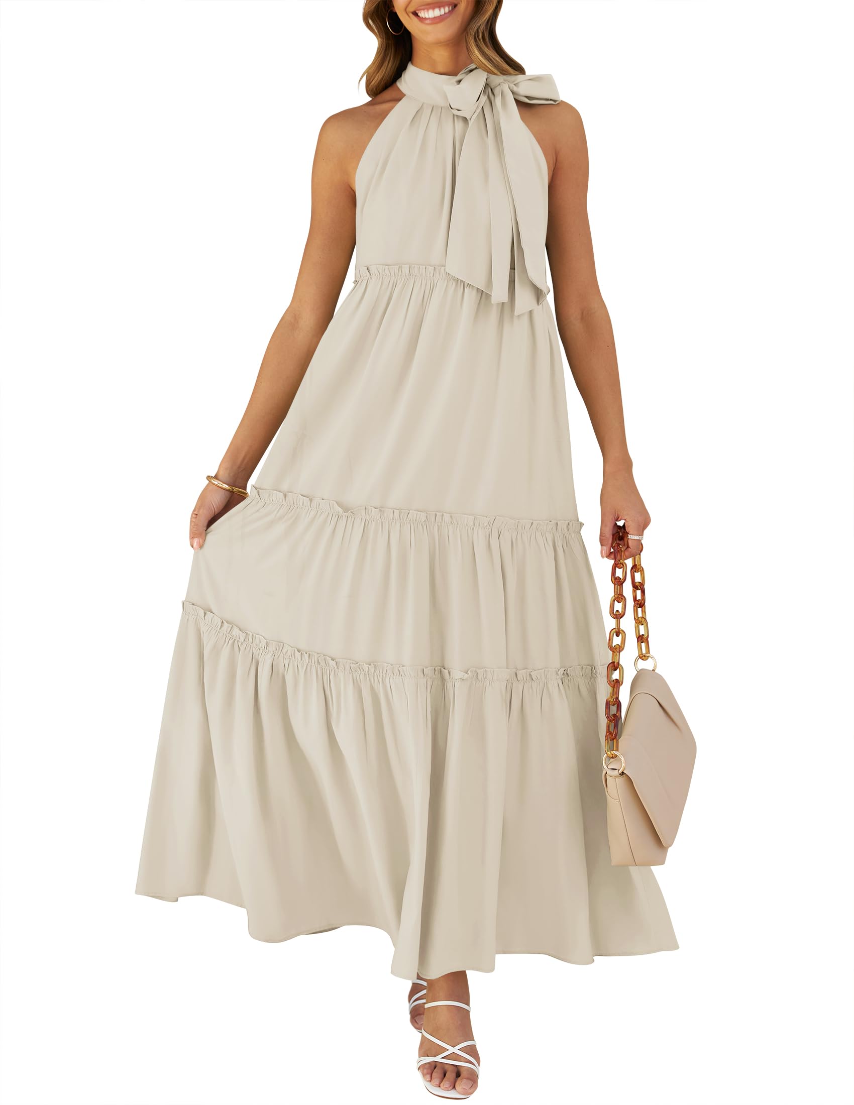 Luxuii Halter Sleeveless Pleated Flowy Maxi Dress