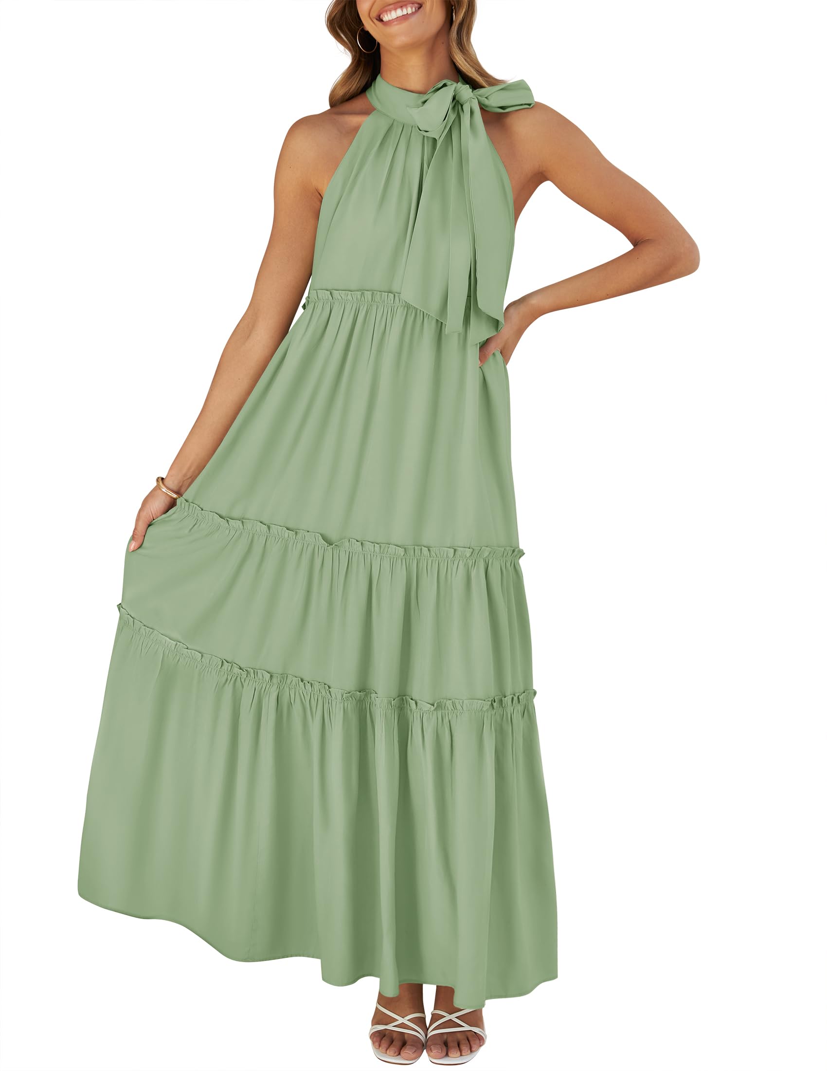 Luxuii Halter Sleeveless Pleated Flowy Maxi Dress
