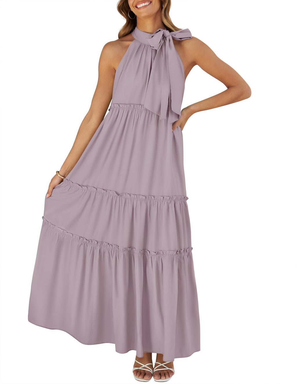 Luxuii Halter Sleeveless Pleated Flowy Maxi Dress