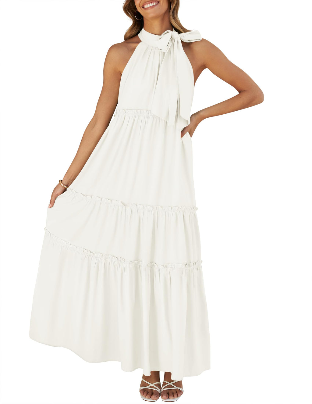 Luxuii Halter Sleeveless Pleated Flowy Maxi Dress
