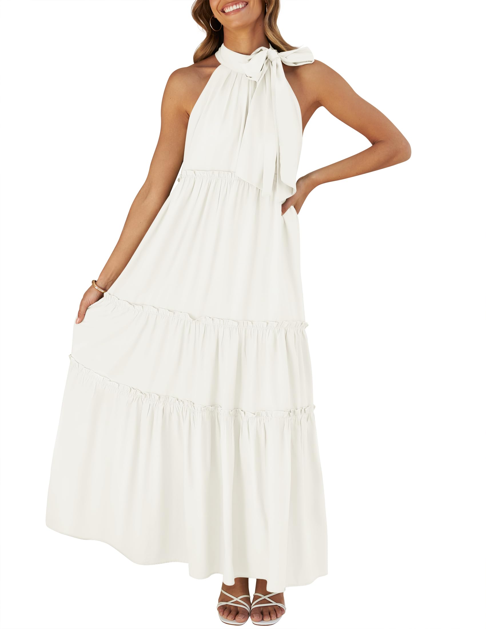 Luxuii Halter Sleeveless Pleated Flowy Maxi Dress