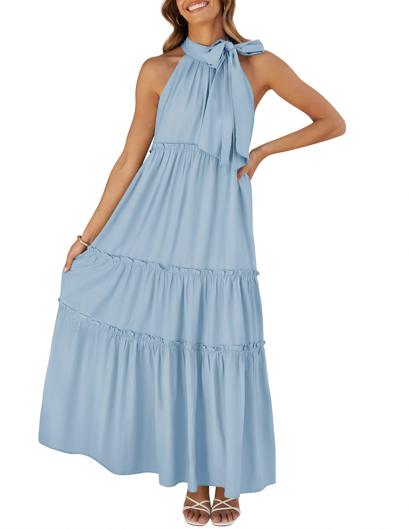 Luxuii Halter Sleeveless Pleated Flowy Maxi Dress