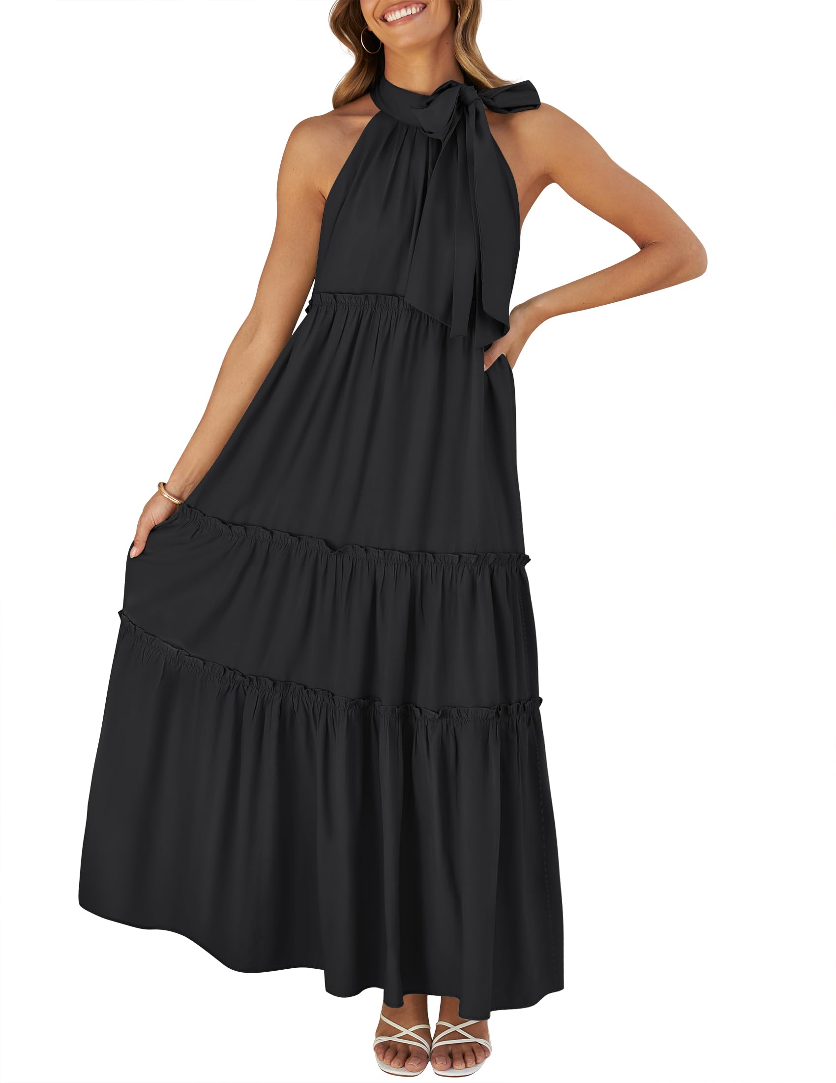 Luxuii Halter Sleeveless Pleated Flowy Maxi Dress