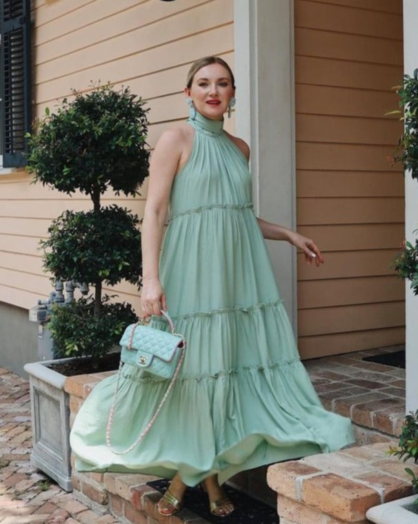 Luxuii Halter Sleeveless Pleated Flowy Maxi Dress