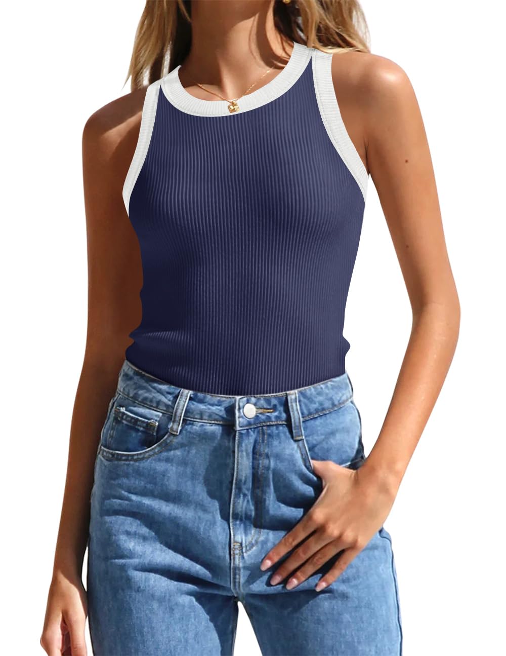 Luxuii High Neck Racerback Color Block Ribbed Tank Top