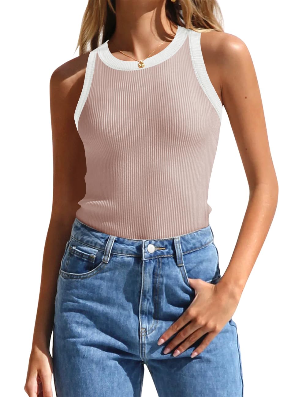 Luxuii High Neck Racerback Color Block Ribbed Tank Top