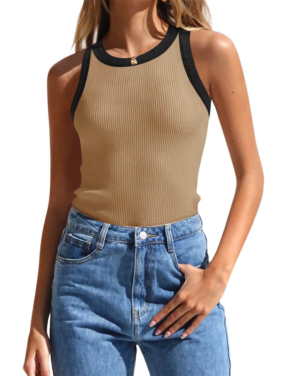 Luxuii High Neck Racerback Color Block Ribbed Tank Top