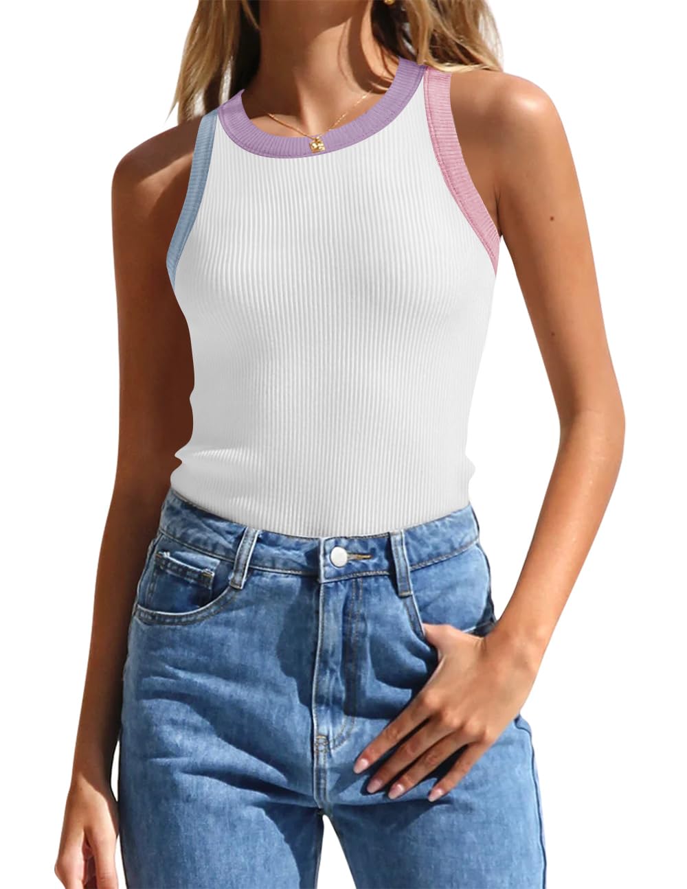Luxuii High Neck Racerback Color Block Ribbed Tank Top