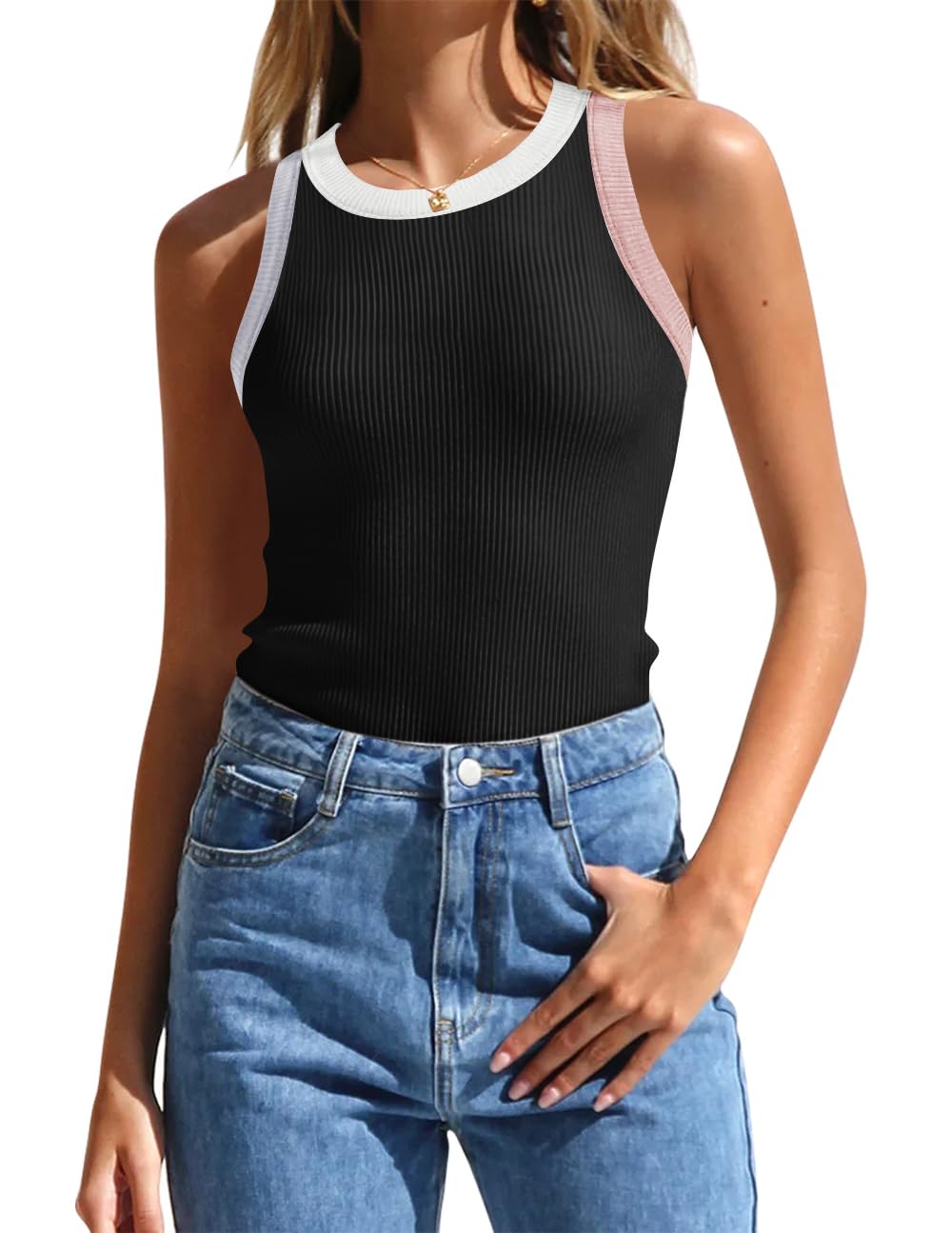 Luxuii High Neck Racerback Color Block Ribbed Tank Top