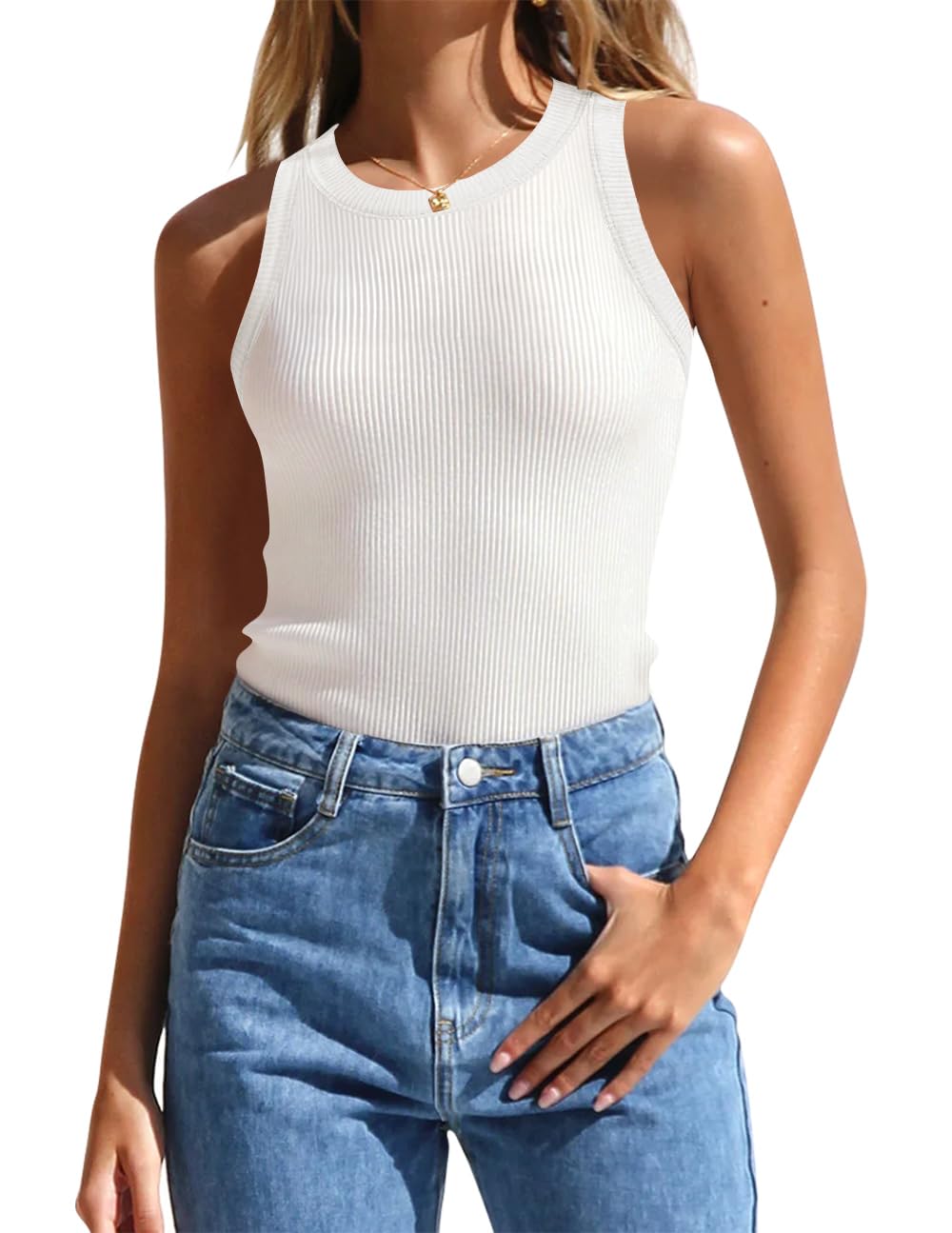 Luxuii High Neck Racerback Color Block Ribbed Tank Top