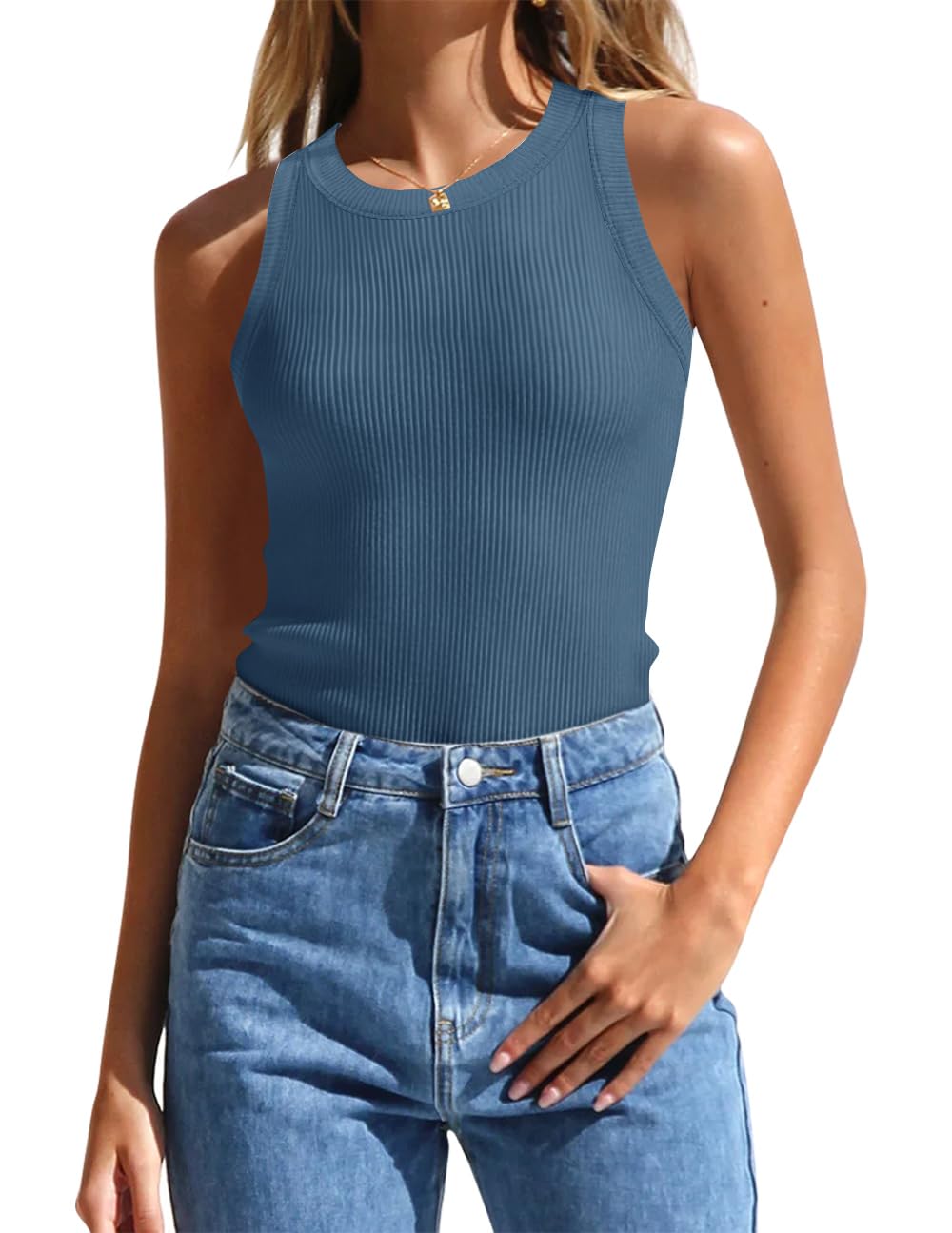 Luxuii High Neck Racerback Color Block Ribbed Tank Top