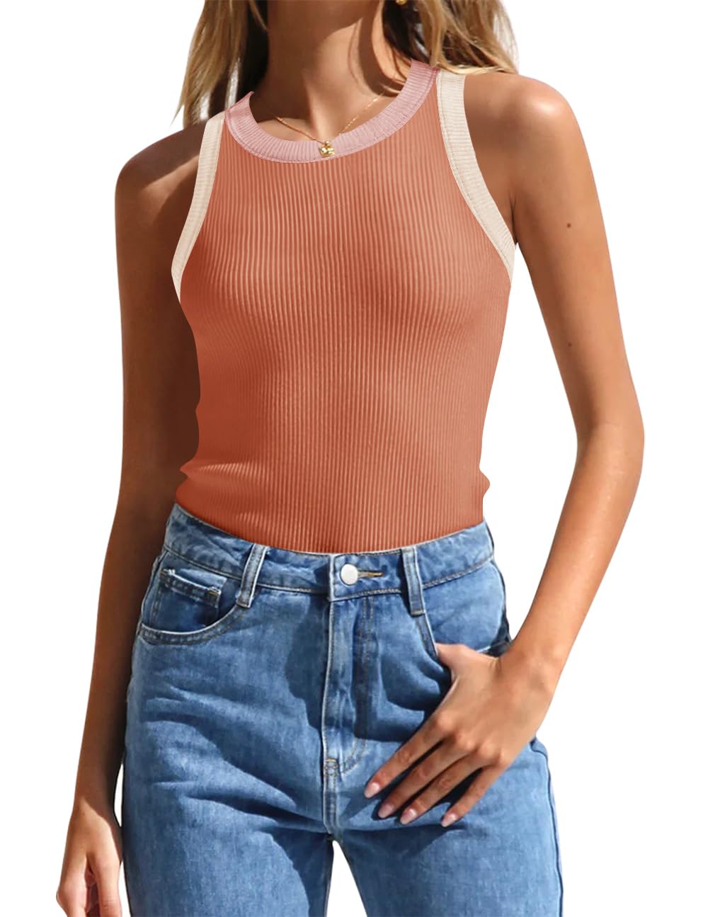 Luxuii High Neck Racerback Color Block Ribbed Tank Top