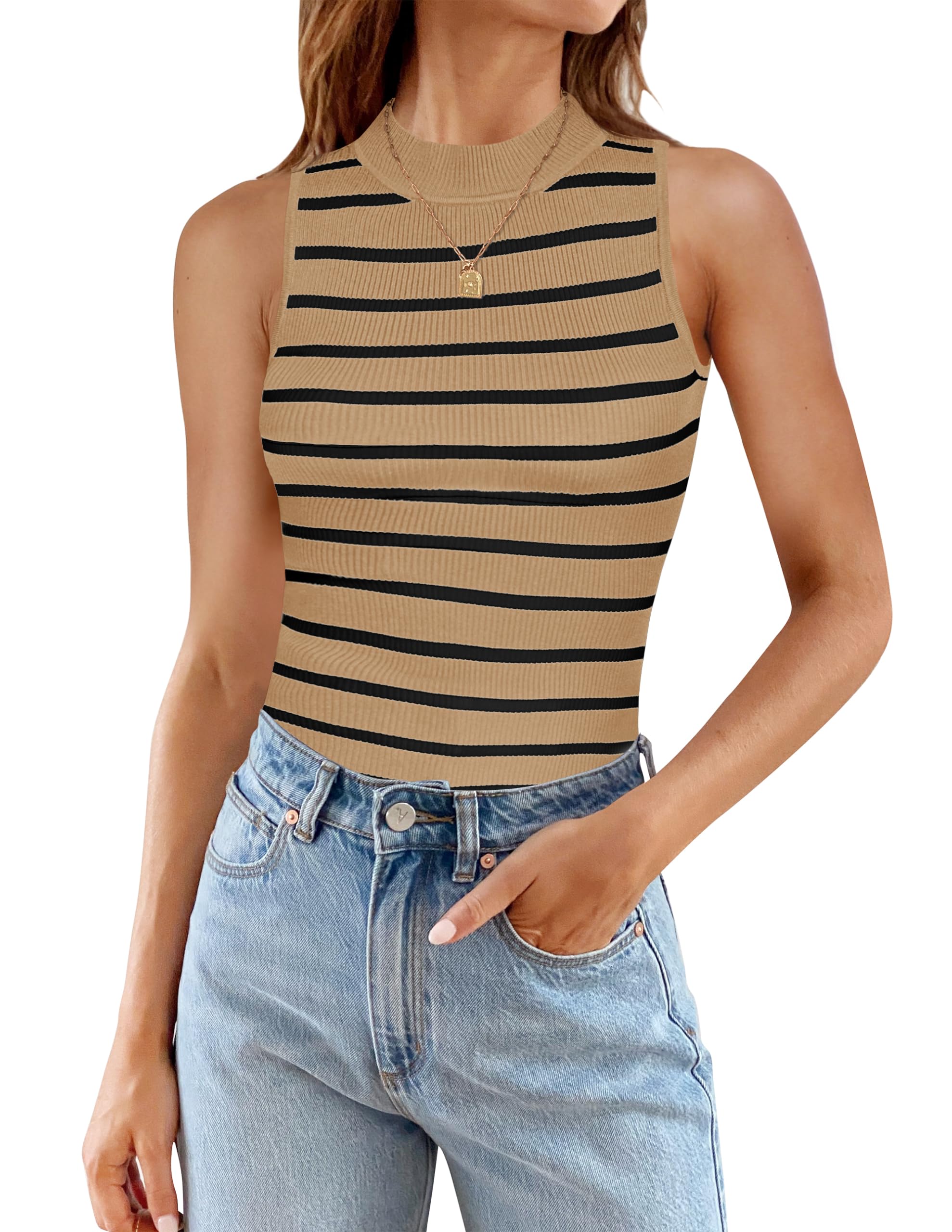 Luxuii High Neck Slim Fitted Ribbed Striped Tank Top
