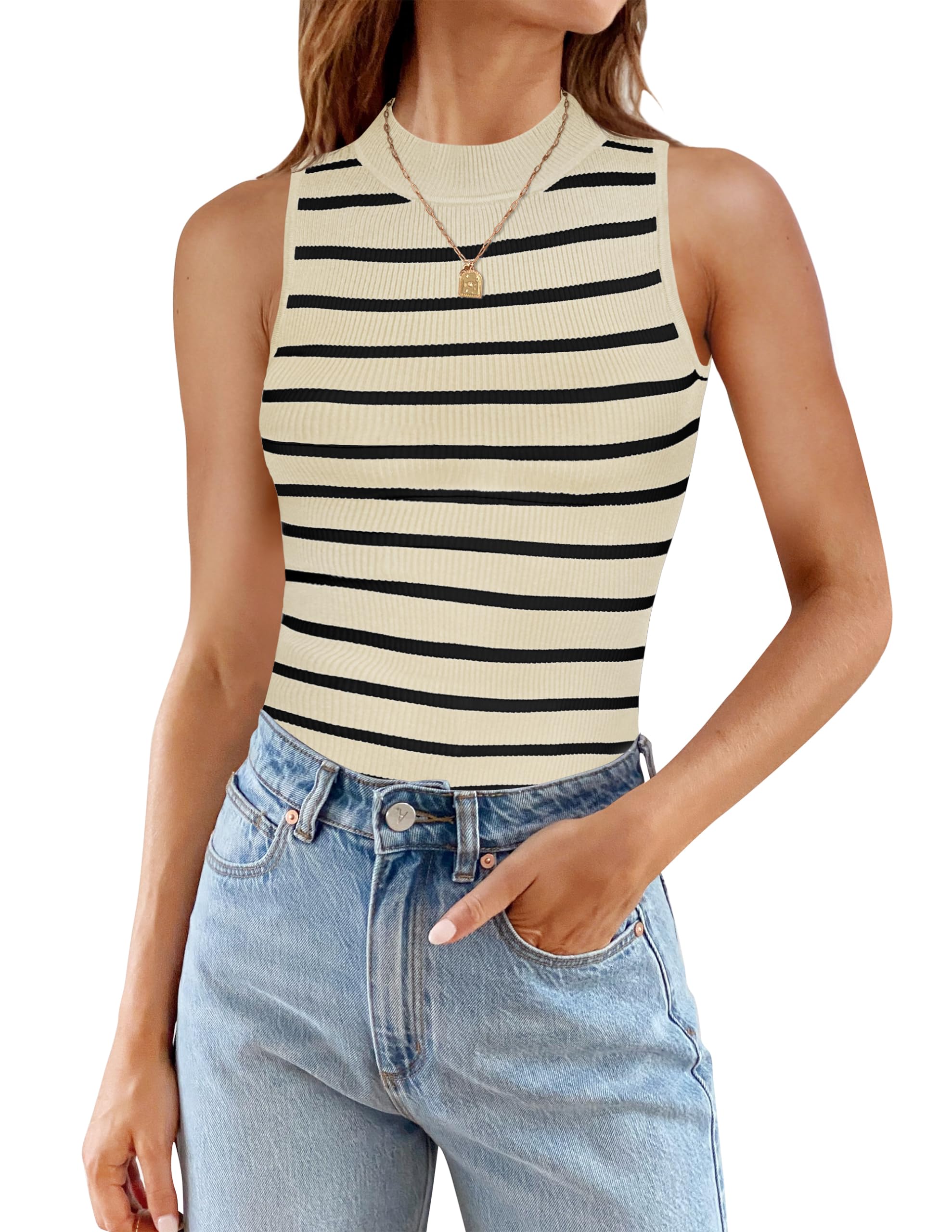 Luxuii High Neck Slim Fitted Ribbed Striped Tank Top