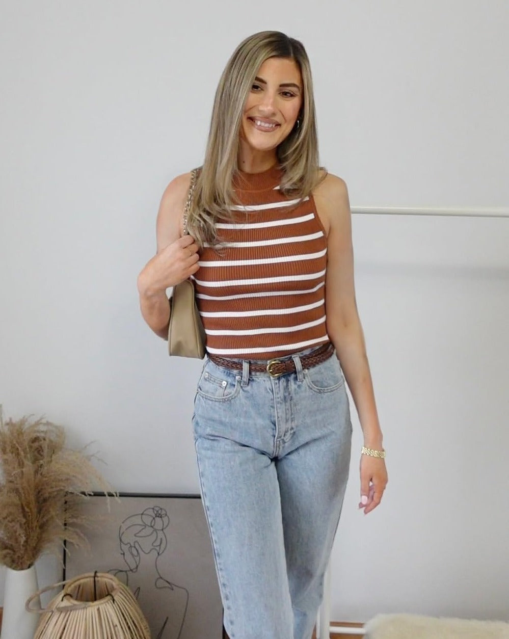 Luxuii High Neck Slim Fitted Ribbed Striped Tank Top