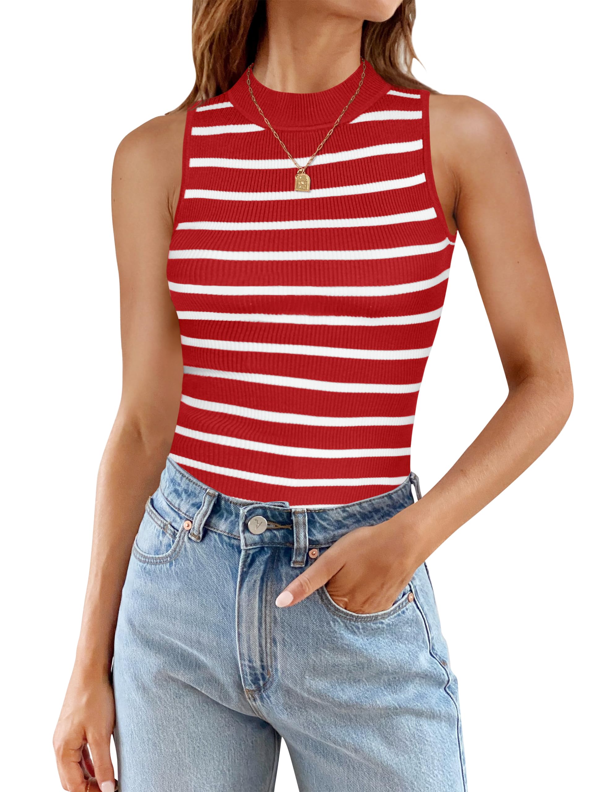 Luxuii High Neck Slim Fitted Ribbed Striped Tank Top