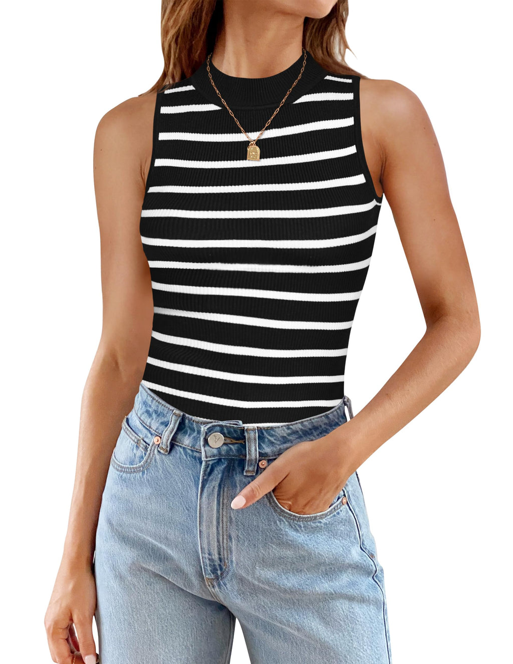 Luxuii High Neck Slim Fitted Ribbed Striped Tank Top