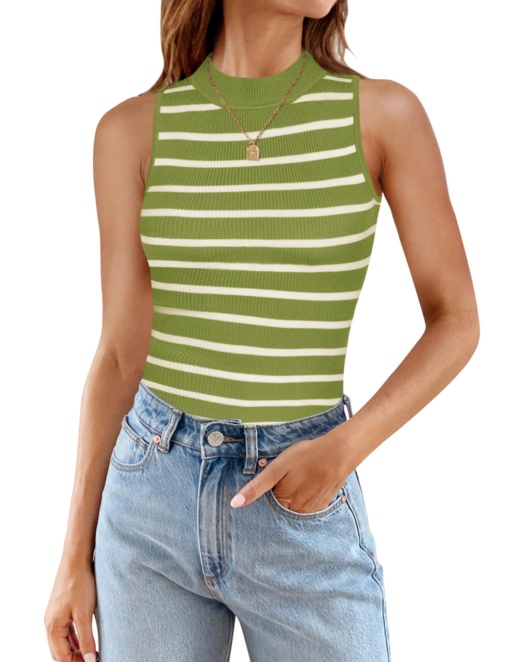 Luxuii High Neck Slim Fitted Ribbed Striped Tank Top