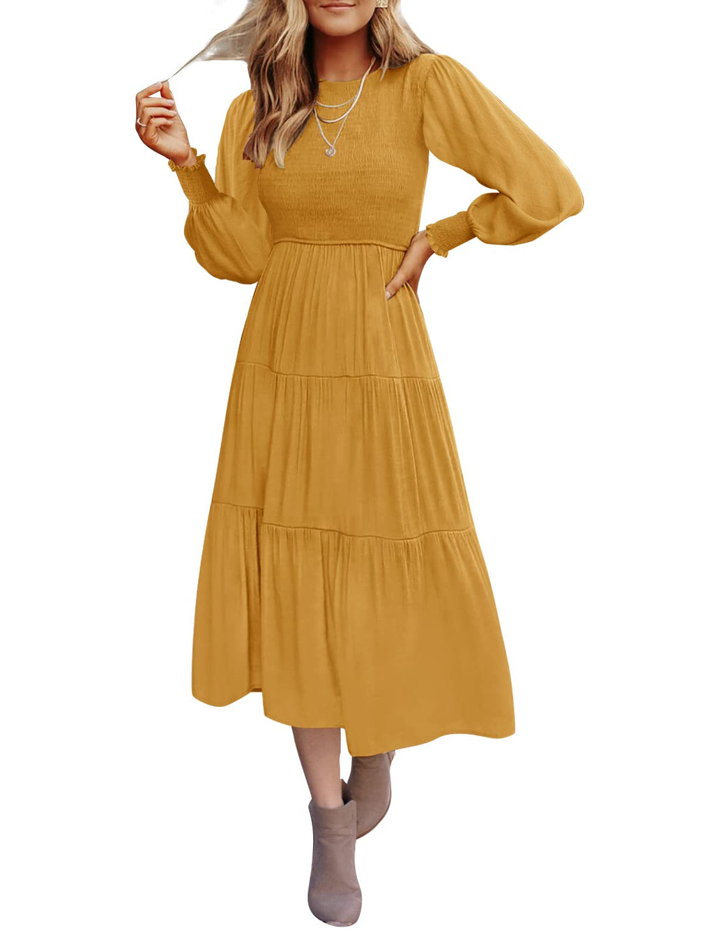 Luxuii High Waist Smocked Flowy Tiered Midi Dress