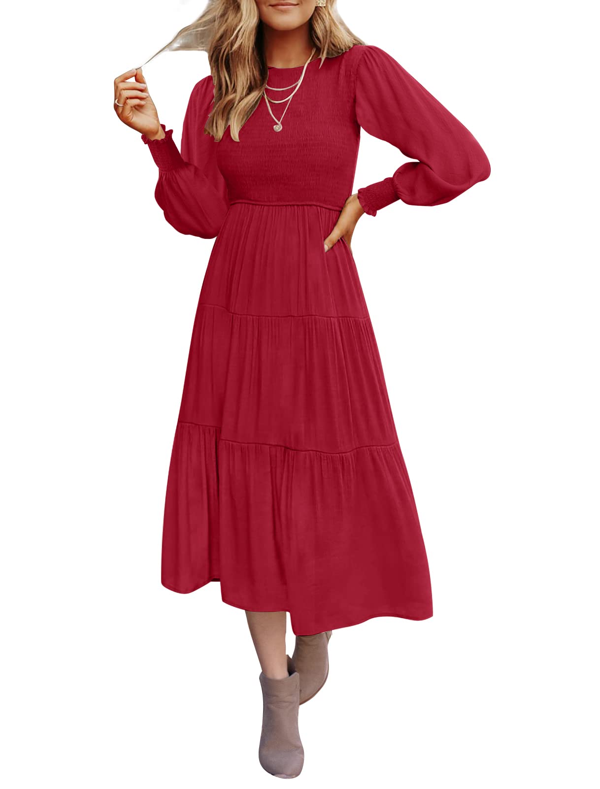 Luxuii High Waist Smocked Flowy Tiered Midi Dress