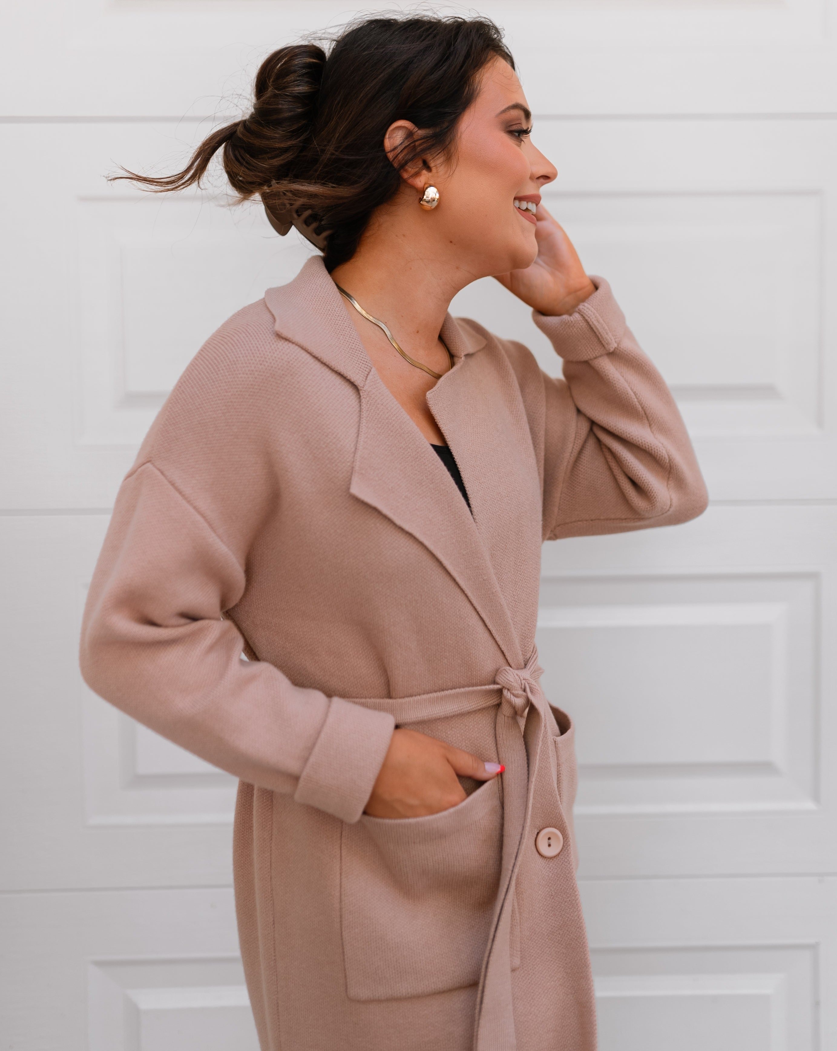 Luxuii Lapel Button Down Belted Open Front Knit Cardigan Coat