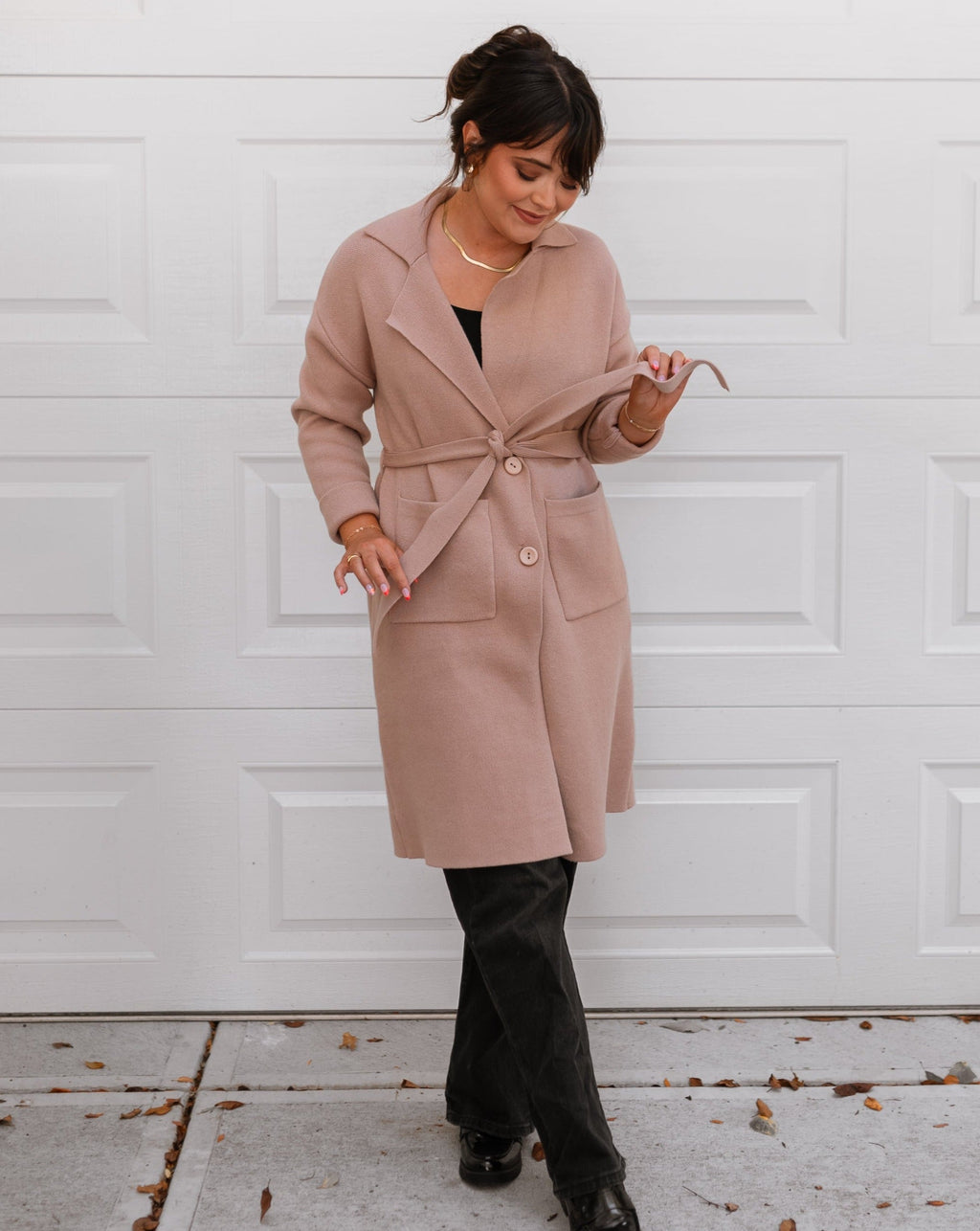 Luxuii Lapel Button Down Belted Open Front Knit Cardigan Coat