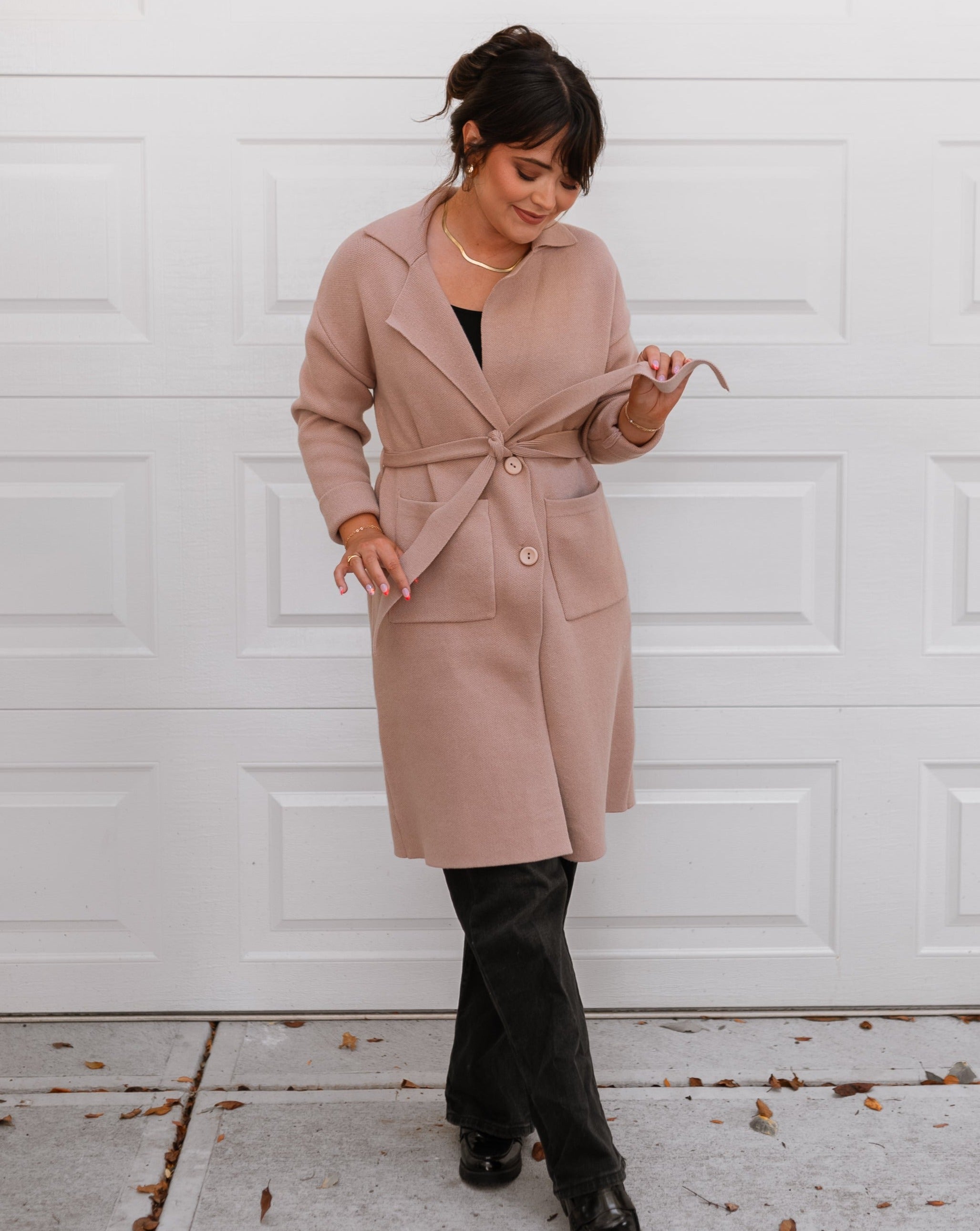 Luxuii Lapel Button Down Belted Open Front Knit Cardigan Coat
