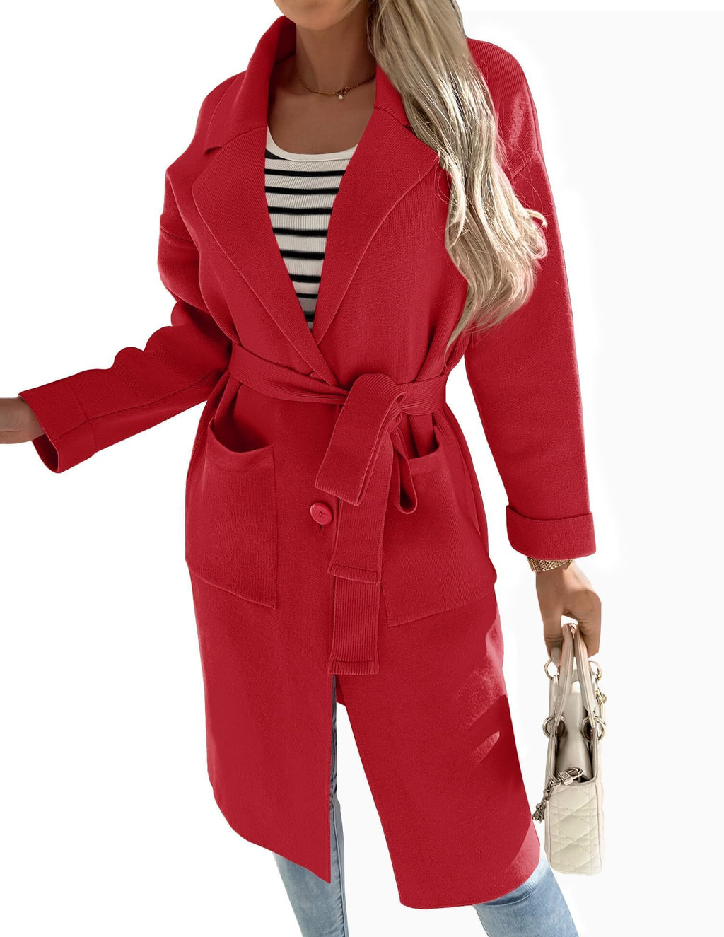 Luxuii Lapel Button Down Belted Open Front Knit Cardigan Coat