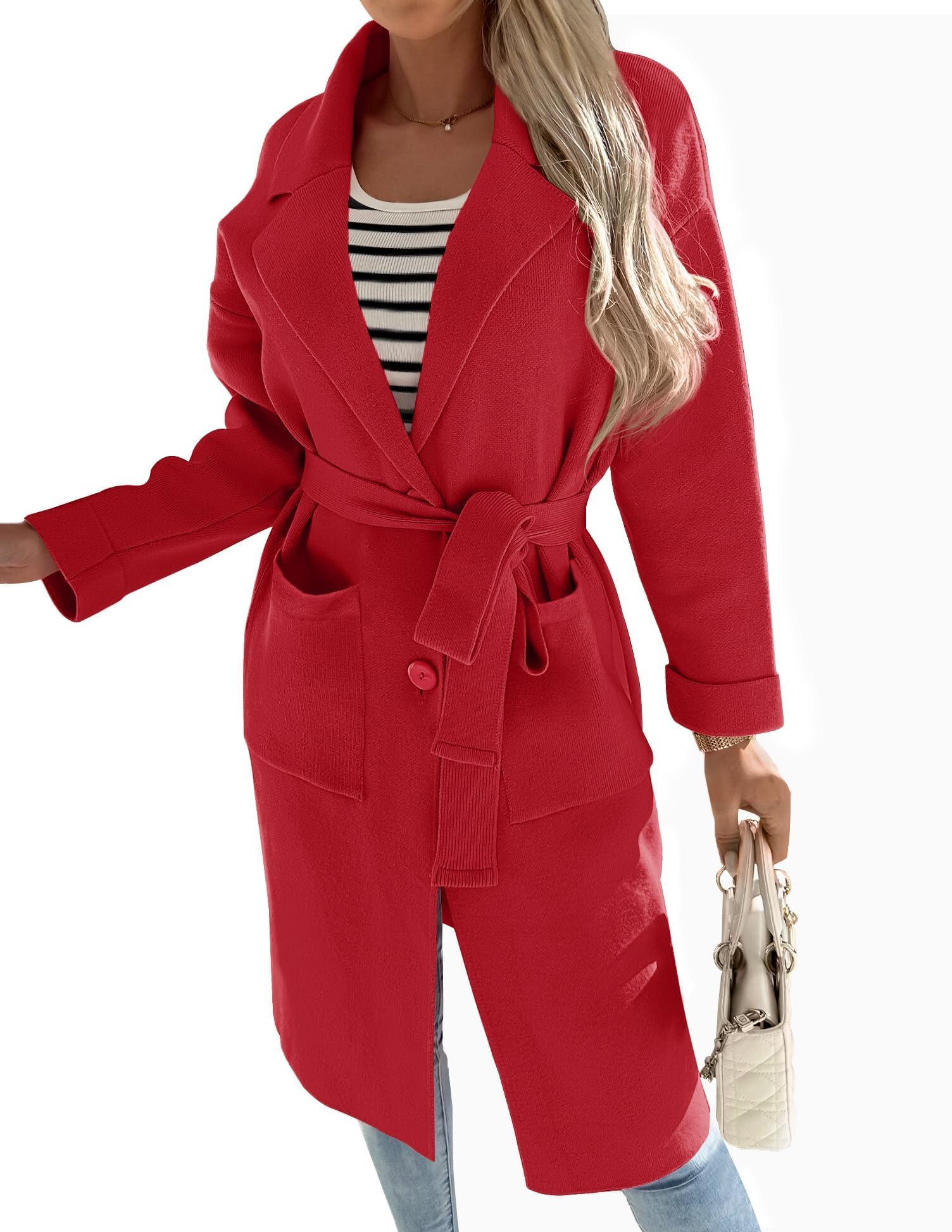 Luxuii Lapel Button Down Belted Open Front Knit Cardigan Coat
