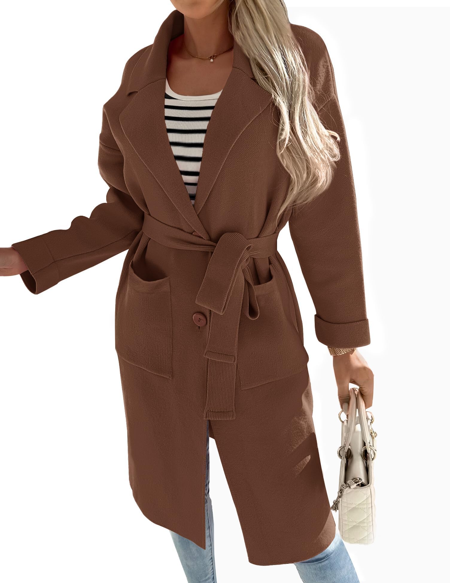 Luxuii Lapel Button Down Belted Open Front Knit Cardigan Coat