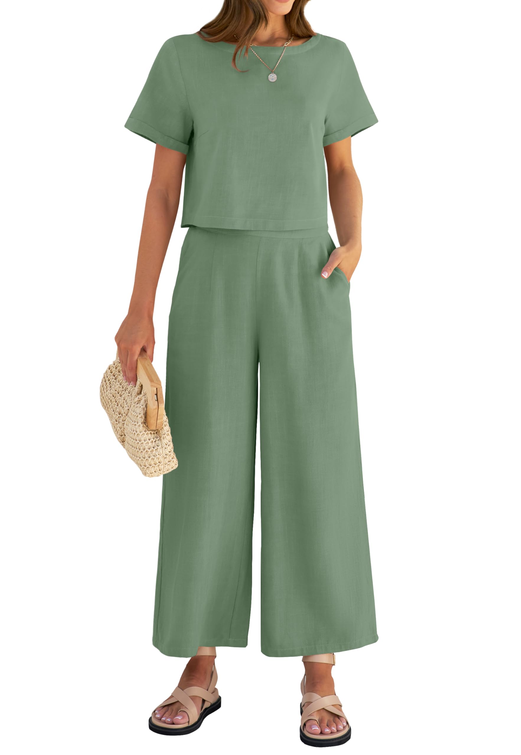 Luxuii Linen Short Sleeve Crop Top High Waist Pants Lounge Set