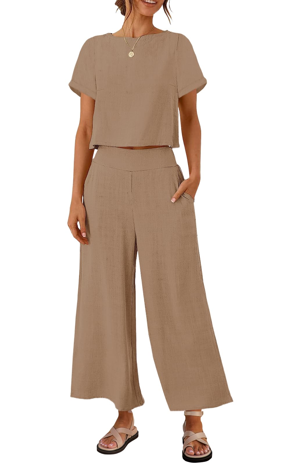 Luxuii Linen Short Sleeve Crop Top High Waist Pants Lounge Set