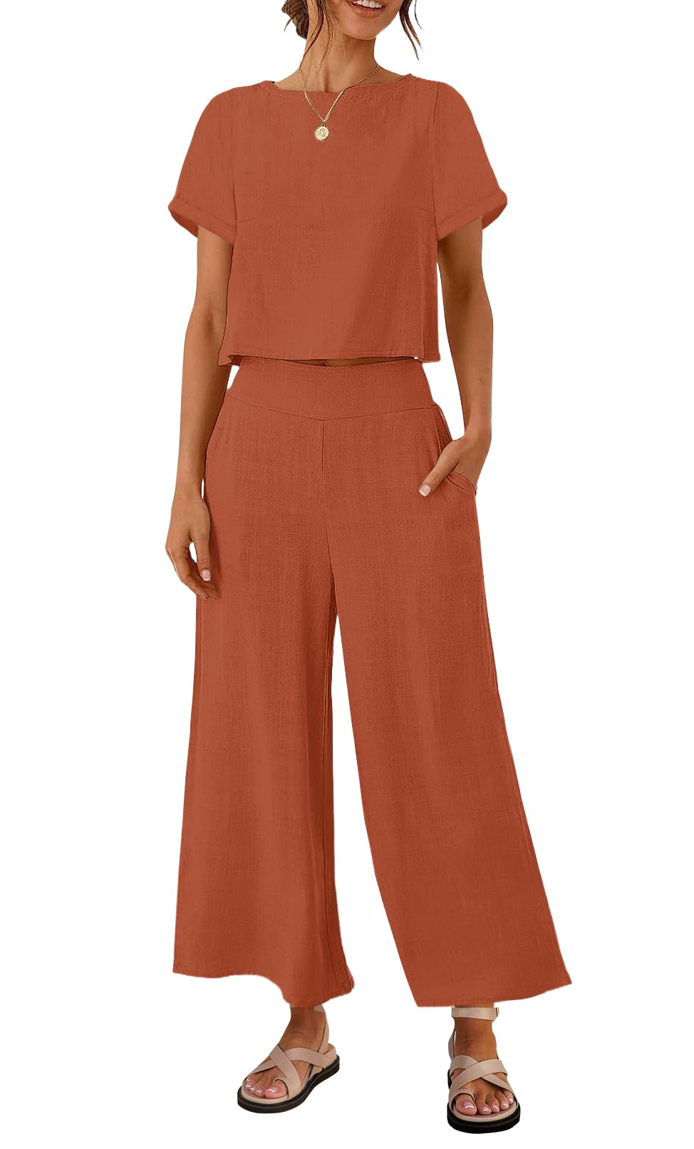 Luxuii Linen Short Sleeve Crop Top High Waist Pants Lounge Set