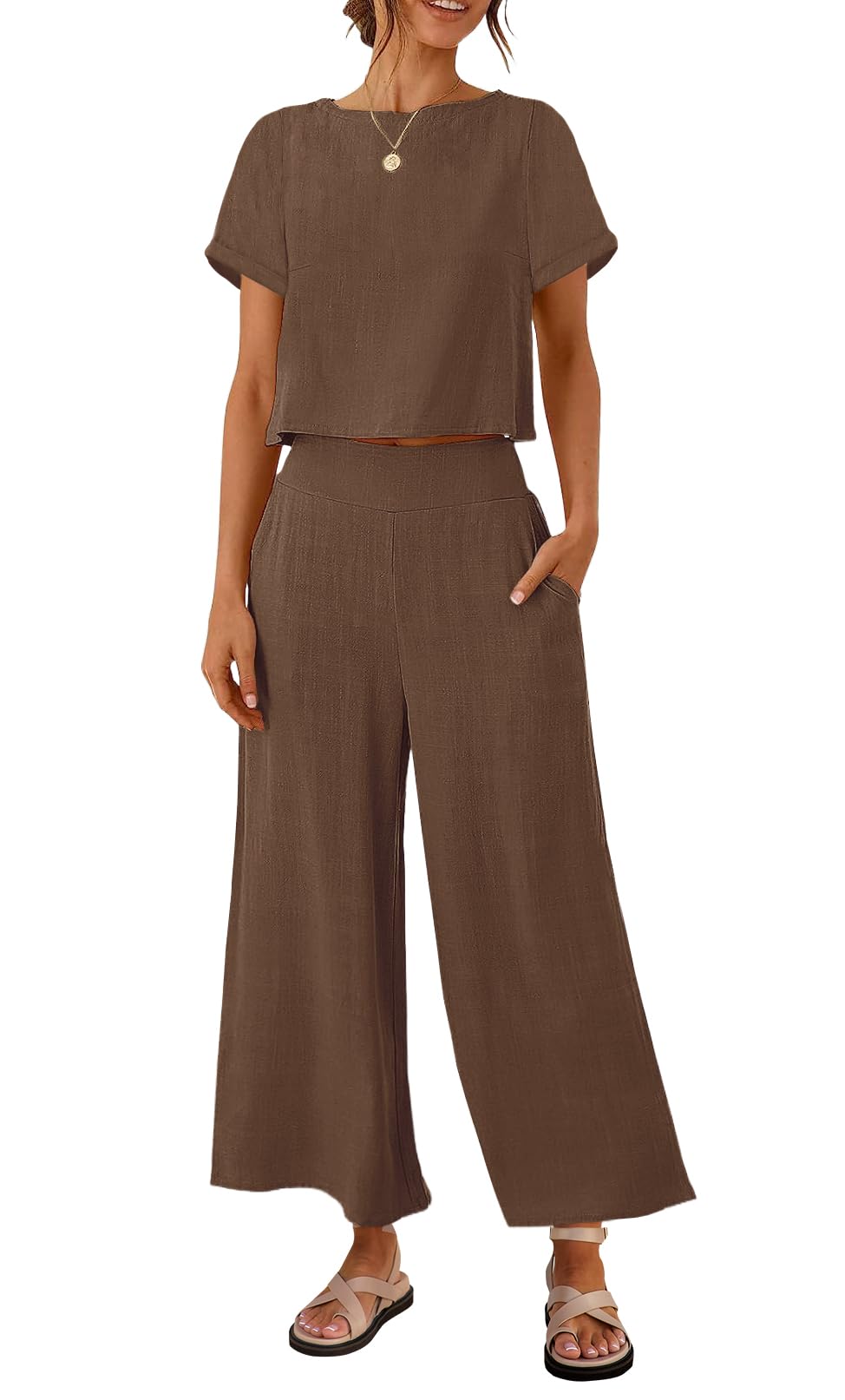 Luxuii Linen Short Sleeve Crop Top High Waist Pants Lounge Set