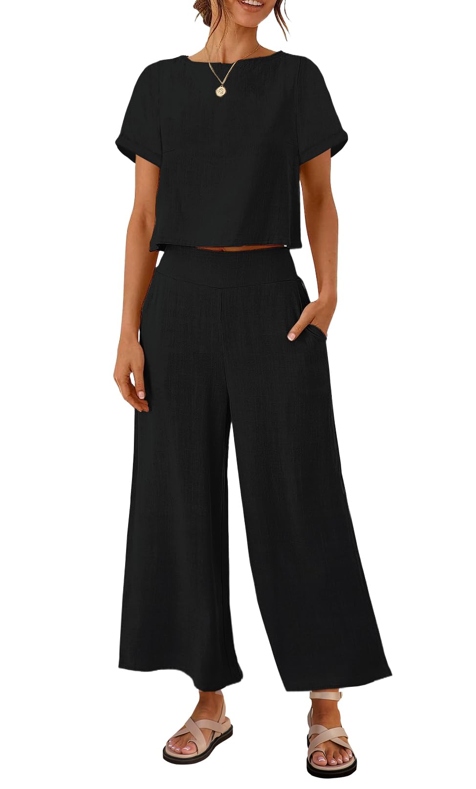Luxuii Linen Short Sleeve Crop Top High Waist Pants Lounge Set