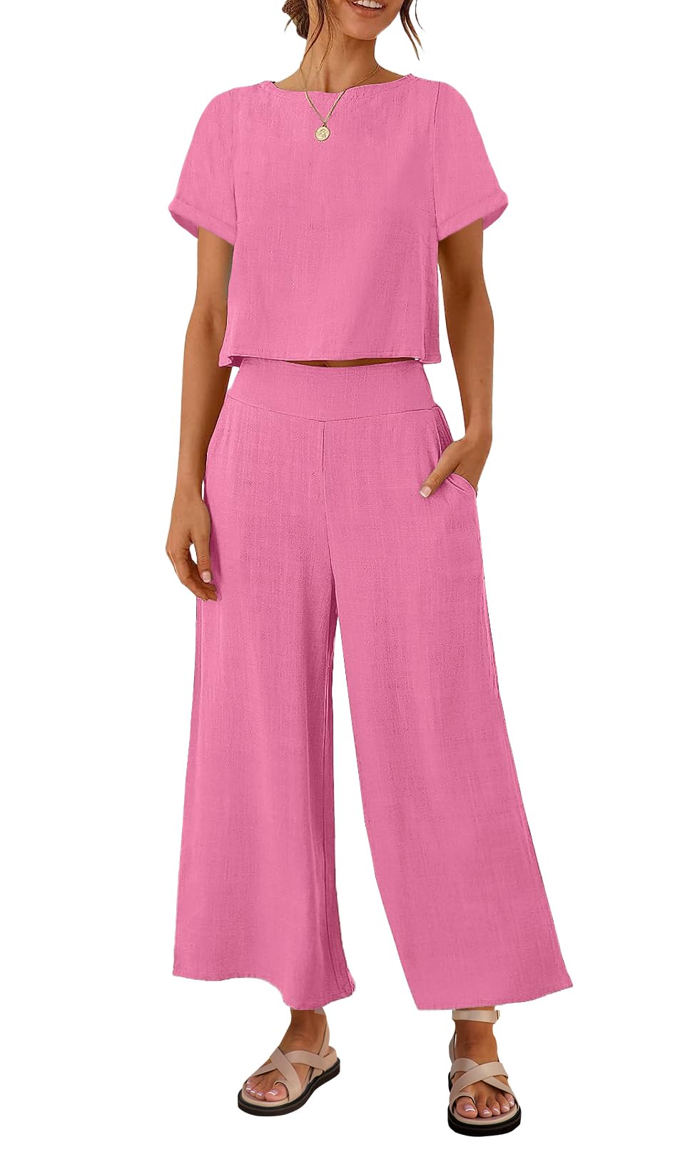 Luxuii Linen Short Sleeve Crop Top High Waist Pants Lounge Set