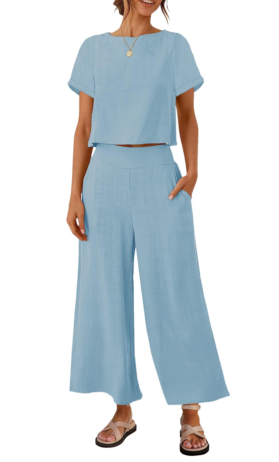 Luxuii Linen Short Sleeve Crop Top High Waist Pants Lounge Set