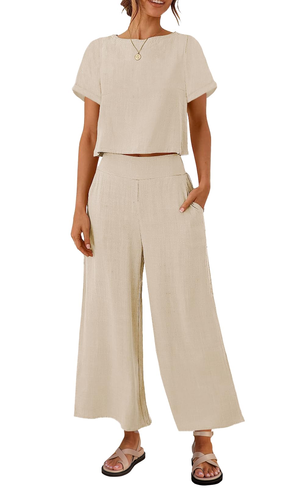 Luxuii Linen Short Sleeve Crop Top High Waist Pants Lounge Set