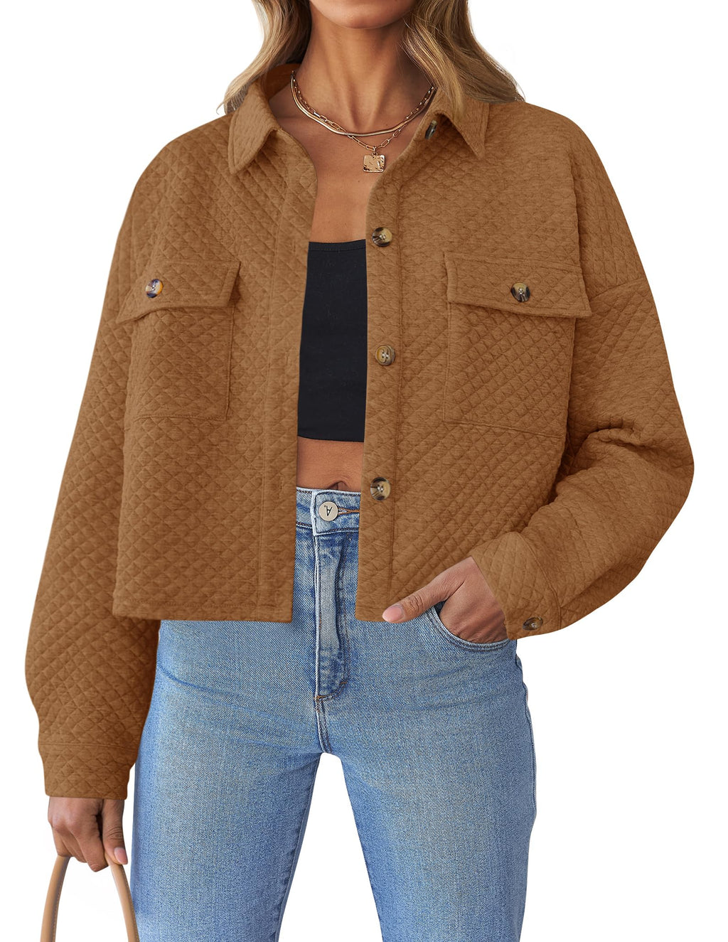 Luxuii Long Sleeve Button Down Lightweight Cropped Shacket