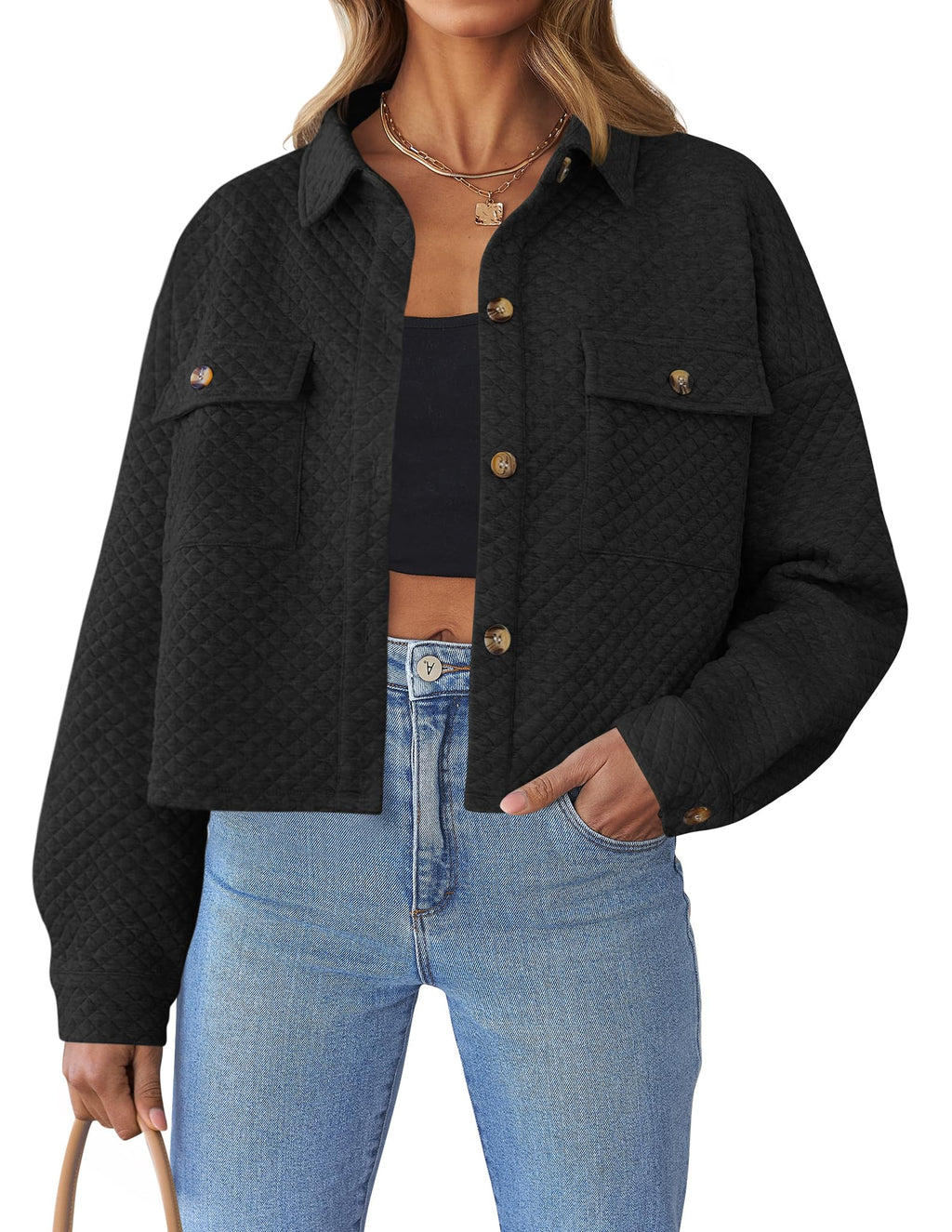 Luxuii Long Sleeve Button Down Lightweight Cropped Shacket