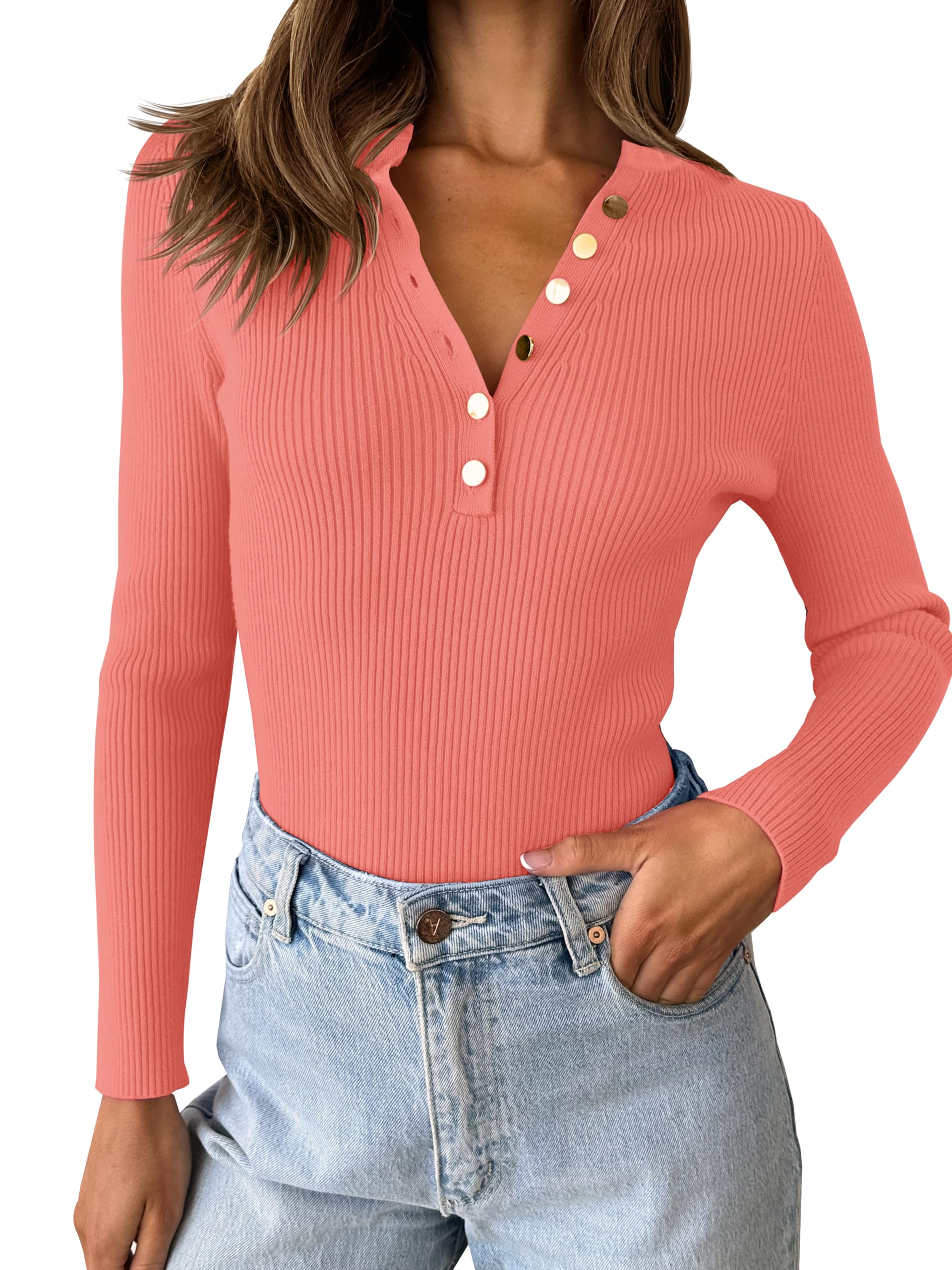 Luxuii Long Sleeve Button Down V Neck Slim Fitted Ribbed Top